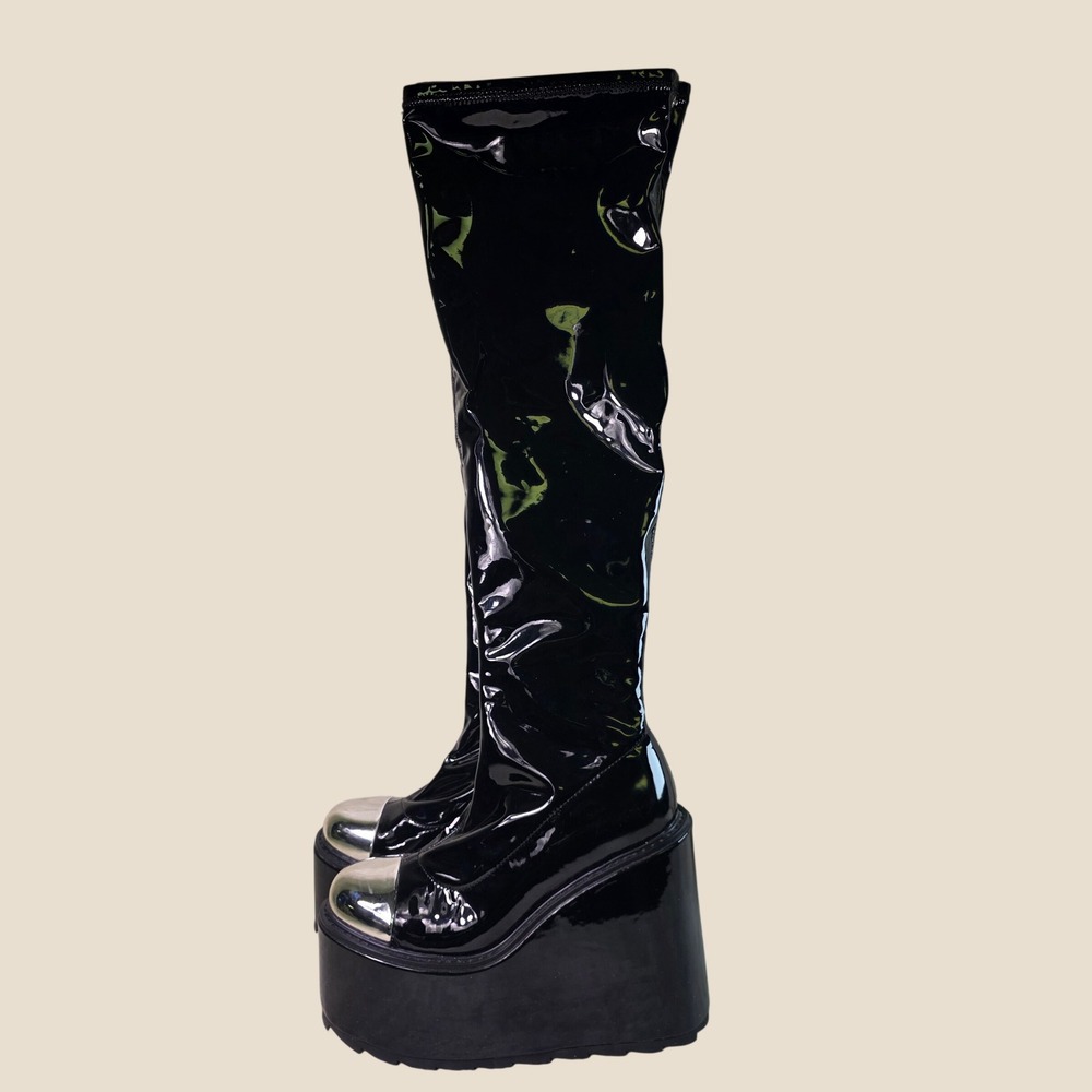 Fan All Flames Black Patent Boots High Platform Wedge Thigh High Goth Womens 8